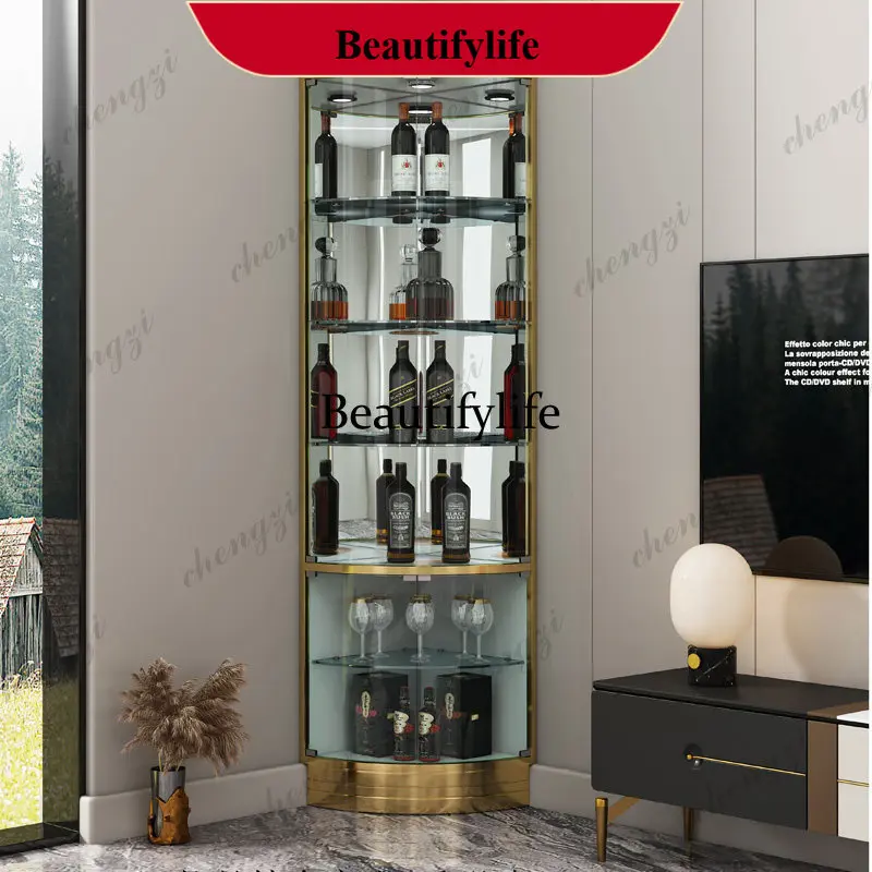 d178 Triangle, Corner Cabinet  Wall Side Cabinet Stainless Steel Glass Display Cabinet Light Luxury Style