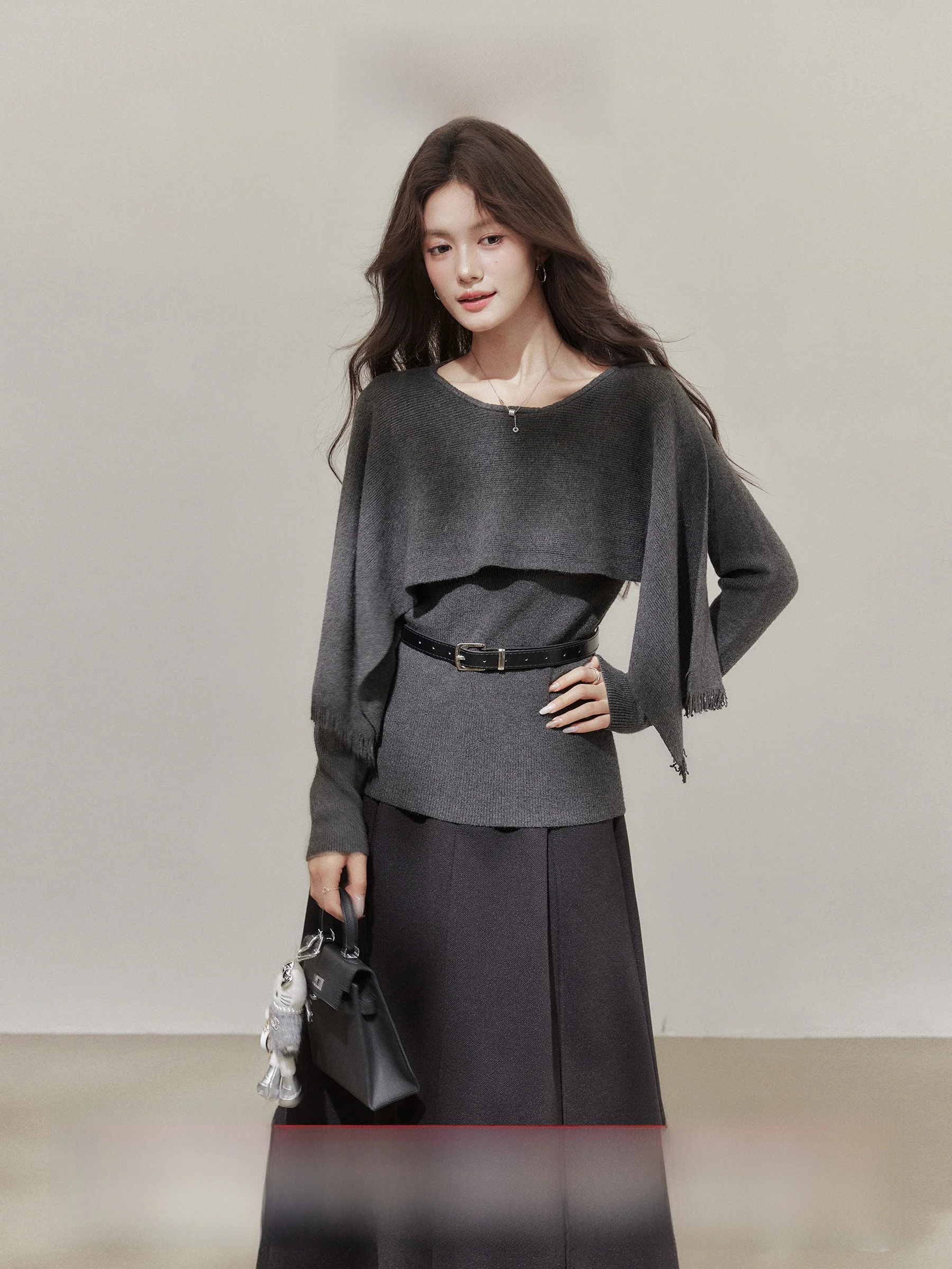 

ay Asymmetrical oulder Wrap Fake Two-Piece Knitted Sweater Women's Winter Lazy Sle Long Sve Regular Length Top