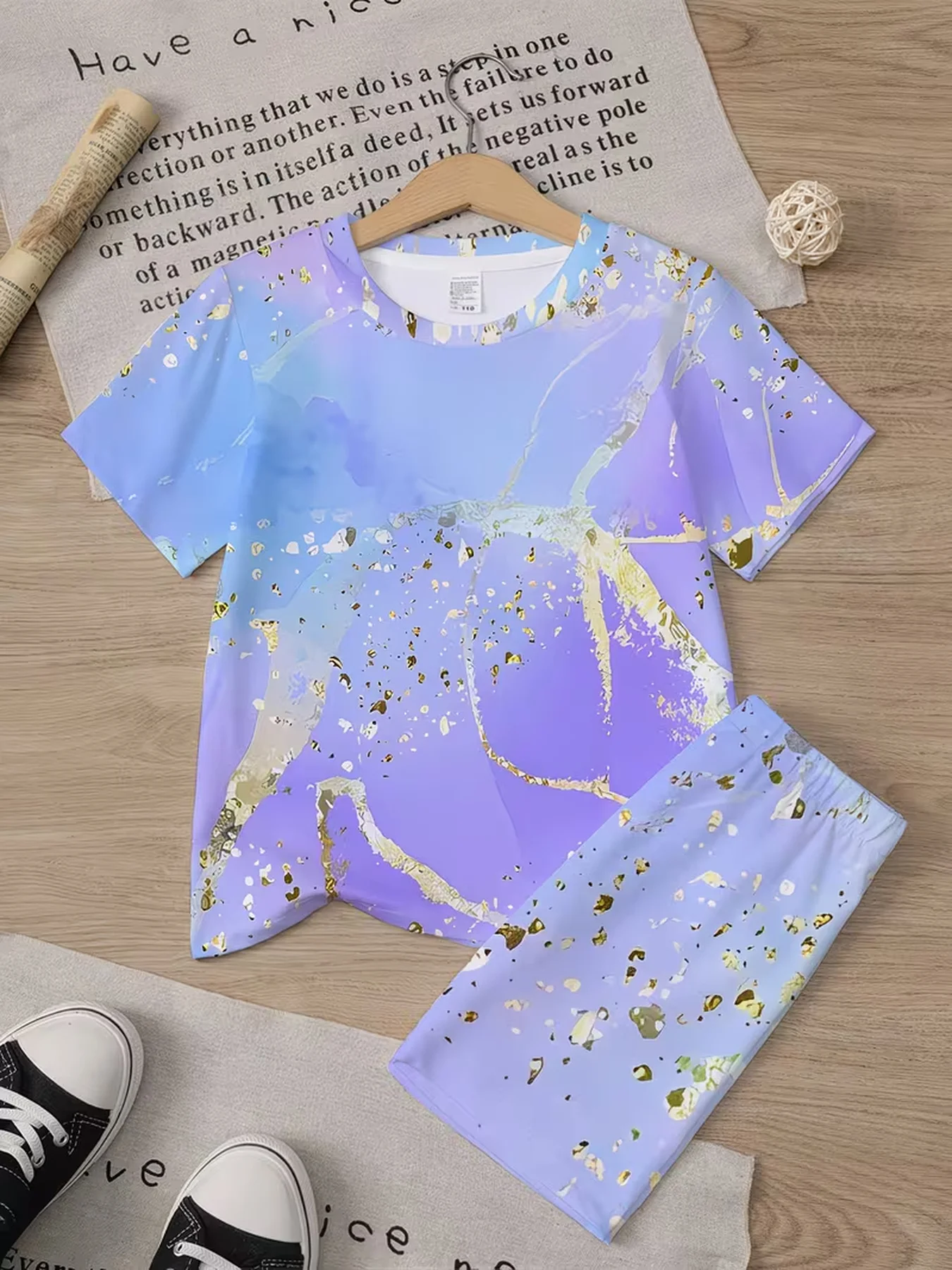 Casual and elegant summer girls' blue purple gradient gold foil dyed printed short sleeved T-shirt+elastic waist shorts set
