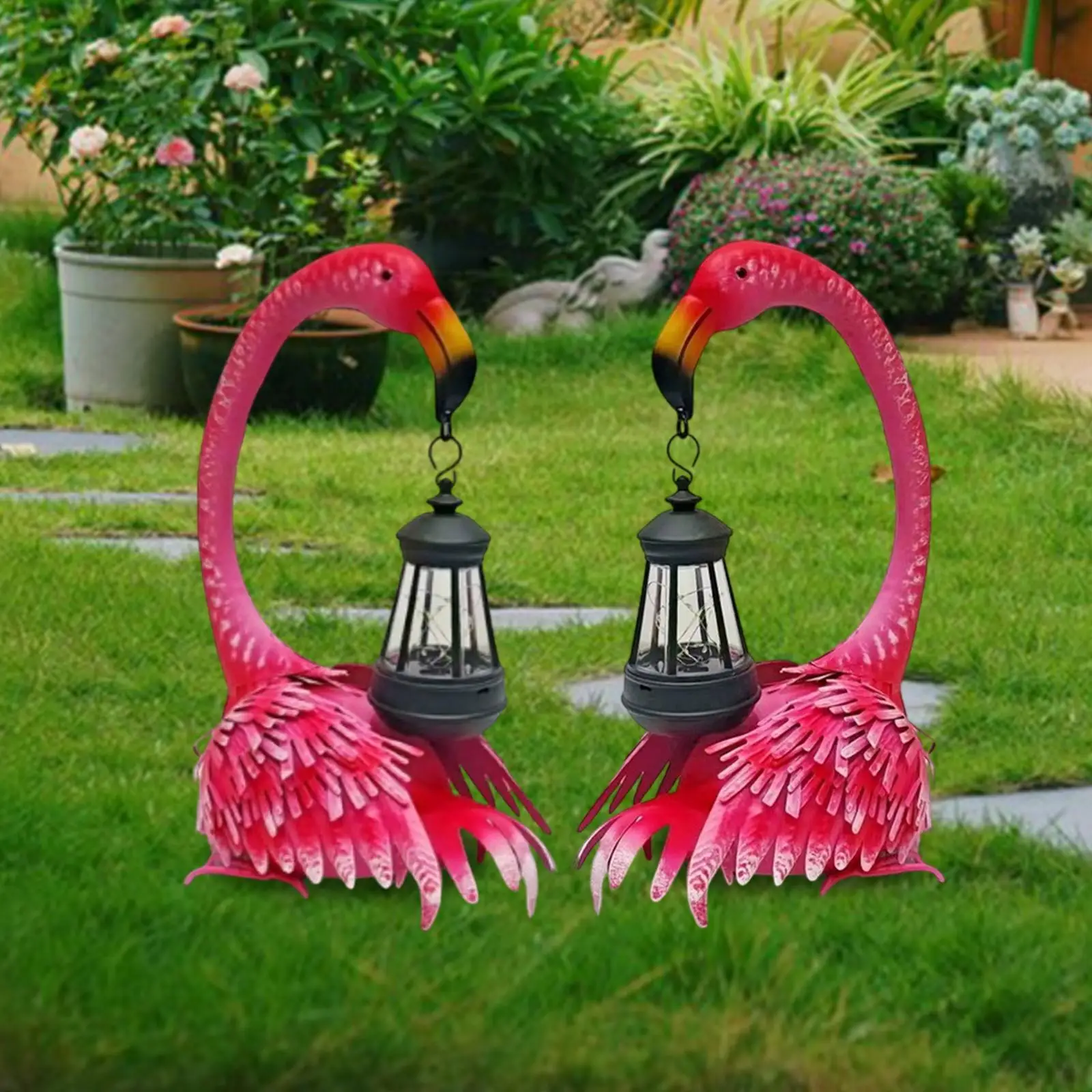 

2x фламинго солнечные садовые статуи двор художественный декор железные скульптуры животных для патио