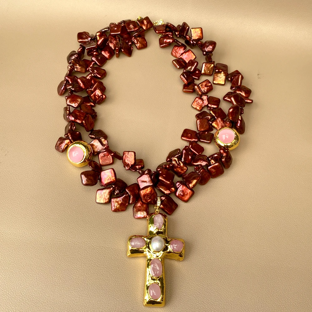 Vintage Cross Pendant Statement Necklace Women Red Brown fancy pearl Pink Stone Gold Plated Choker necklace
