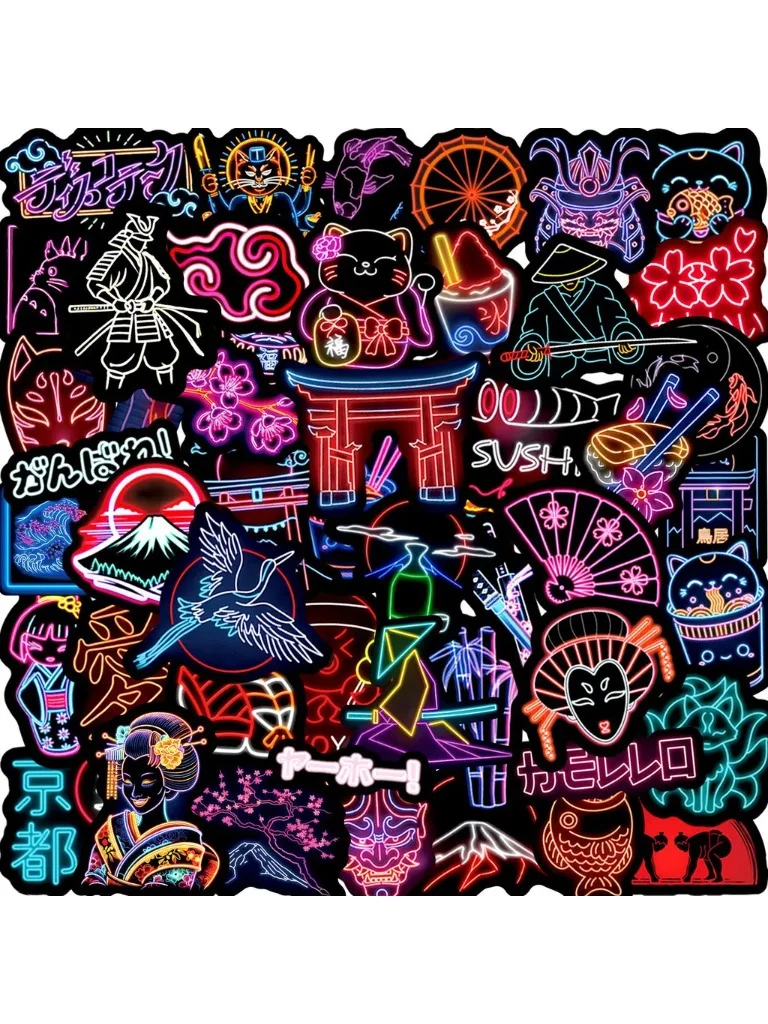 Autocollants japonais néon, 50 pièces, décor créatif et étanche pour ordinateur portable, bagages, enregistrement de Skateboard, magasin YourLife, vente en gros