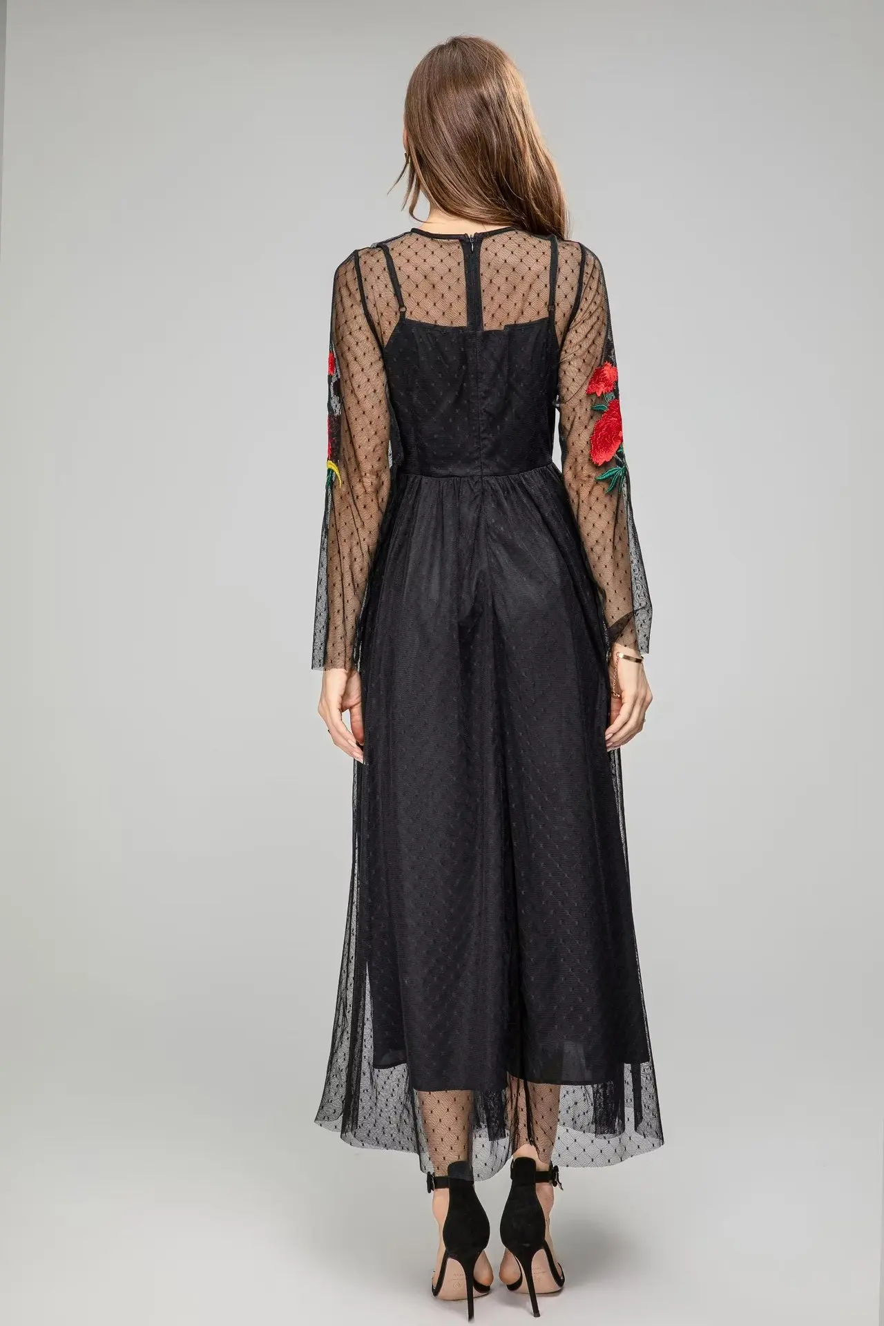 Vestidos femininos o pescoço mangas compridas bordado floral em camadas elegante moda maxi vestidos