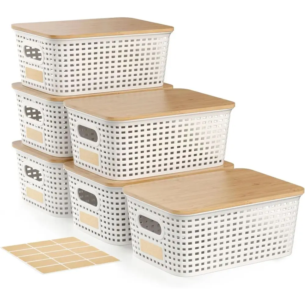 

Plastic Storage Bins with Bamboo Lid - Plastic Storage Baskets with Lid - Stackable Container with Lable for Organizing: Small S