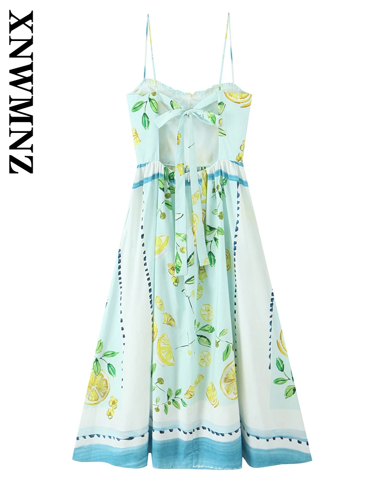 XNWMNZ 2025 夏の女性の自由奔放に生きるファッションショルダー薄いショルダーストラップ背中の開いたミディドレスシックな休日の女性ノースリーブセクシーな