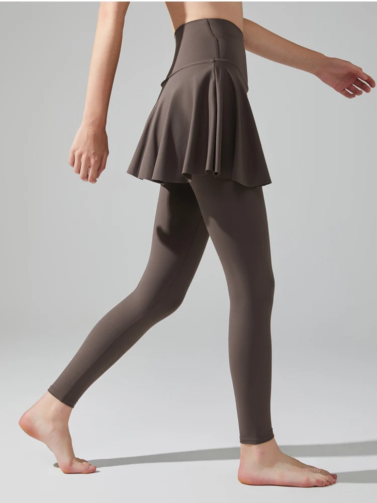VITALINOVO Damen Crossover-Leggings mit Rock Tennis Yoga Leggings mit Rock Hohe Taille Rüschen Plissierter Skort Tennis Sport Golf – Detail 10