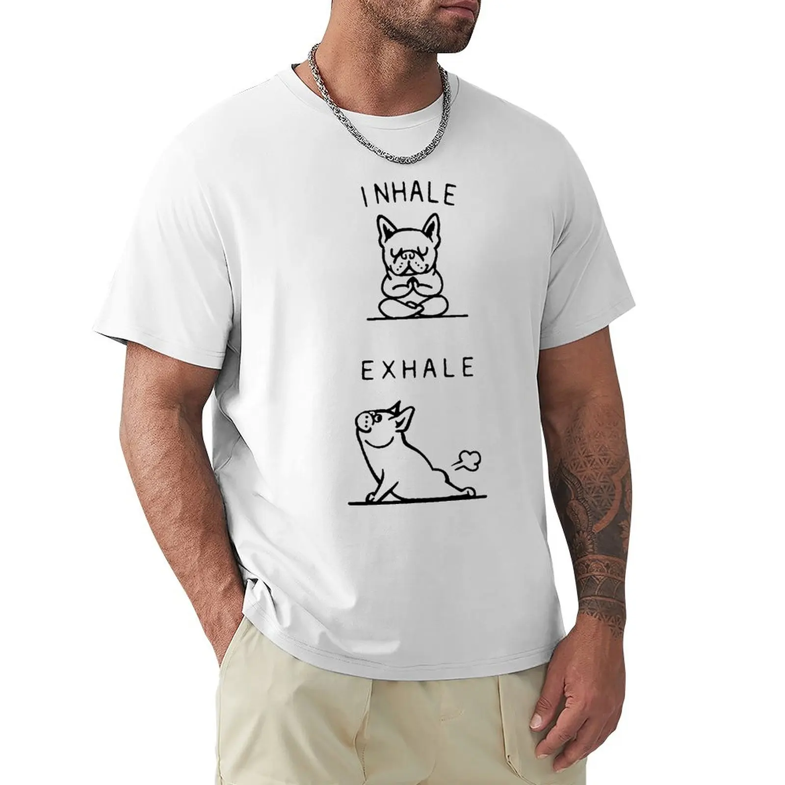 

Yoga Dog Inhale Exhale Frenchie Fart Print Cotton Shirts Hombre French Bulldog Yoga Animal Sports Men Fashion Streetwear TShirt