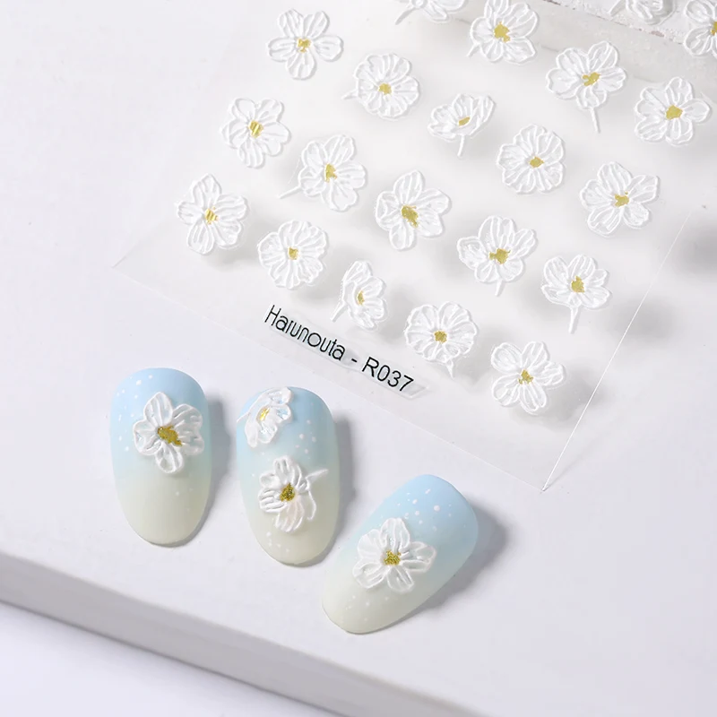 Harunouta 5D Embossed Nail Stickers White Lily of the Valley Tulip Leaves Lines Gel Polish Decals Wedding Flower Engraved Slider