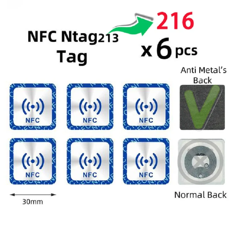 6pcs NFC Ntag216 TAG Sticker 888 Bytes Memory for Huawei 13.56MHz Universal Label RFID Key Token Patrol Ultralight Tags