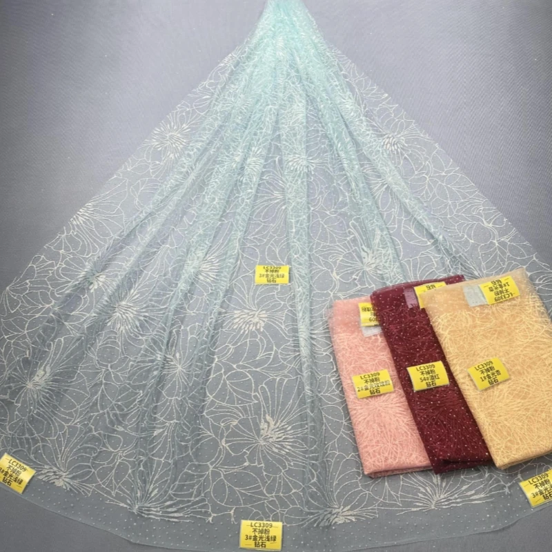 

2026 Light Green Hot Sale Fadhion Design Africa Glitter Fabric Embroidery Net Lace With Glued Glitter Sequins Wedding Or Party