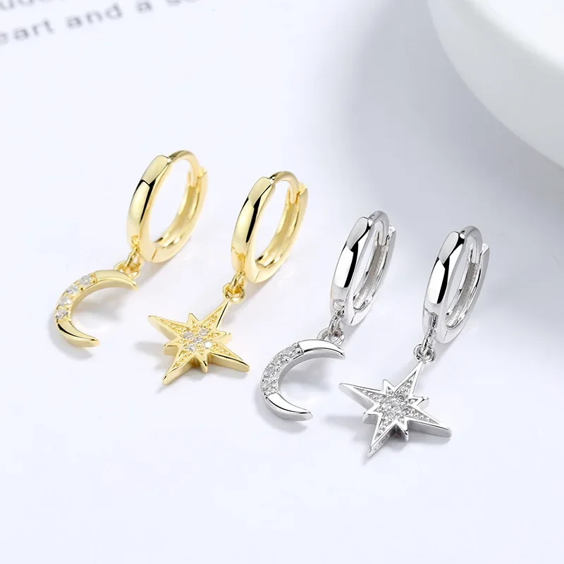 Minimalist Crystal Zirconia Stars Moon Huggie Hoop Earrings For Women Trendy Stainless Steel Circle Earrings Punk Rock Jewelry image 5