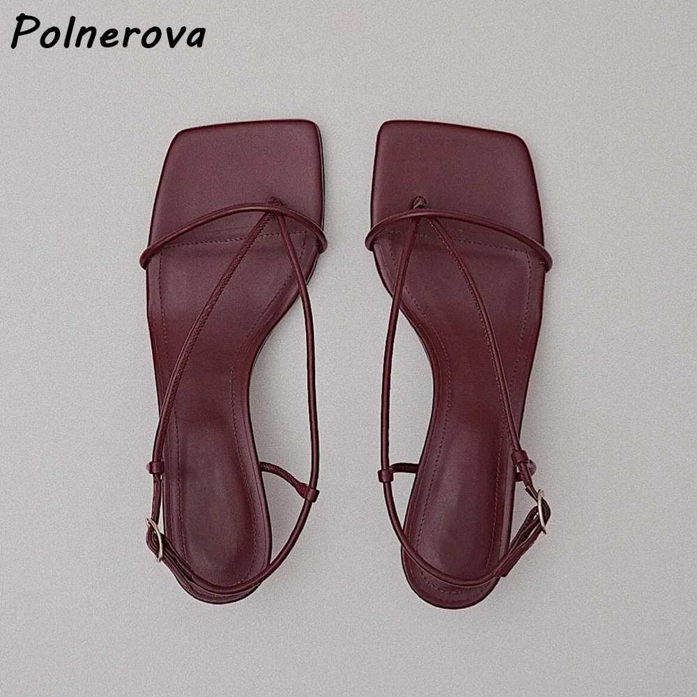 

Minimal Thin Cross Strap Sandals Square Toe Slingback Low Heel Adjustable Ankle Buckle Shoes Burgundy Women Summer Casual Shoes