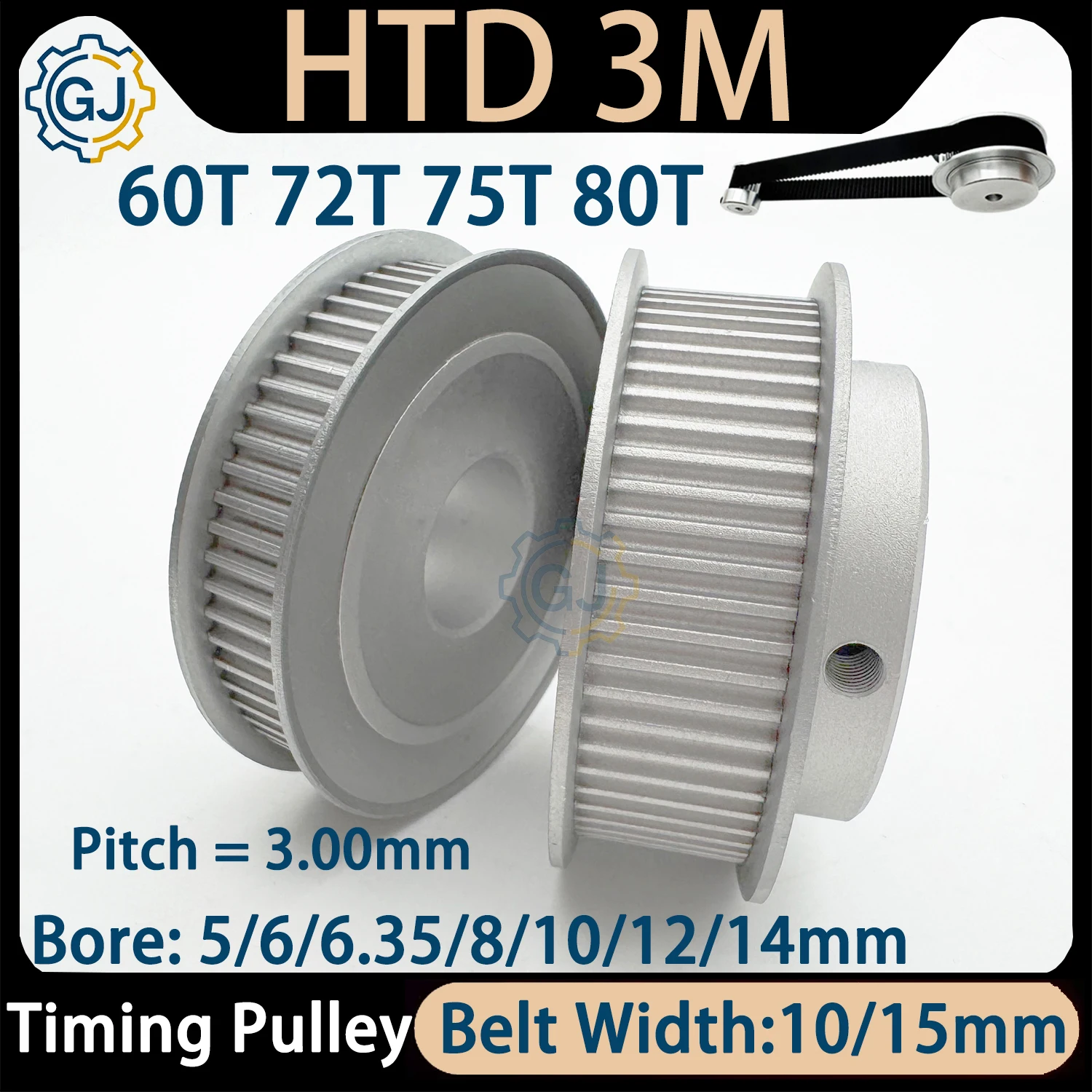 HTD 3M 60Teeth 72Teeth 75Teeth 80Teeth Timing Pulley for Belt Width 10/15mm Bore 5mm to 14mm HTD3M 60T 72T 75T 80T Timing Pulley