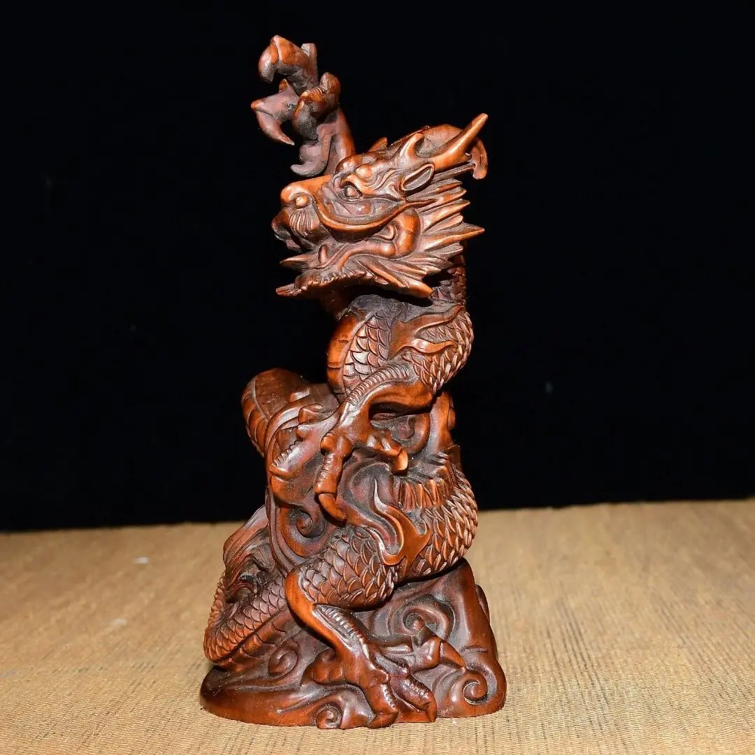 Hand Carved Wood auspicious clouds standing dragon Statue Figurine Desktop Ornaments Home Decoration