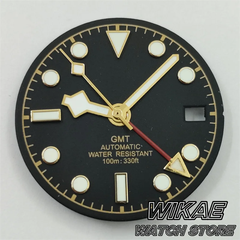 29mm GMT NH34 Watch Dial Snowflake Hand Set Black White Blue Face Gold Rose Index With Green Luminous Fit NH34 Watch Accessories