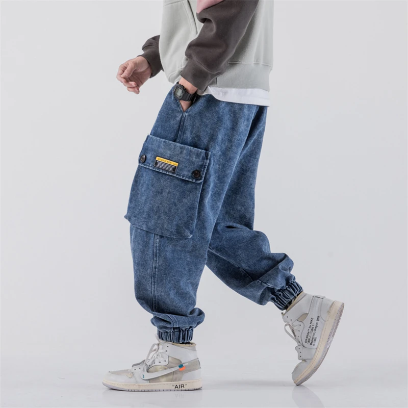 

2024 Spring New Men's Casual Harem Jeans Loose Washed Denim Trousers Pants Elastic Waist Jogging Pants Men