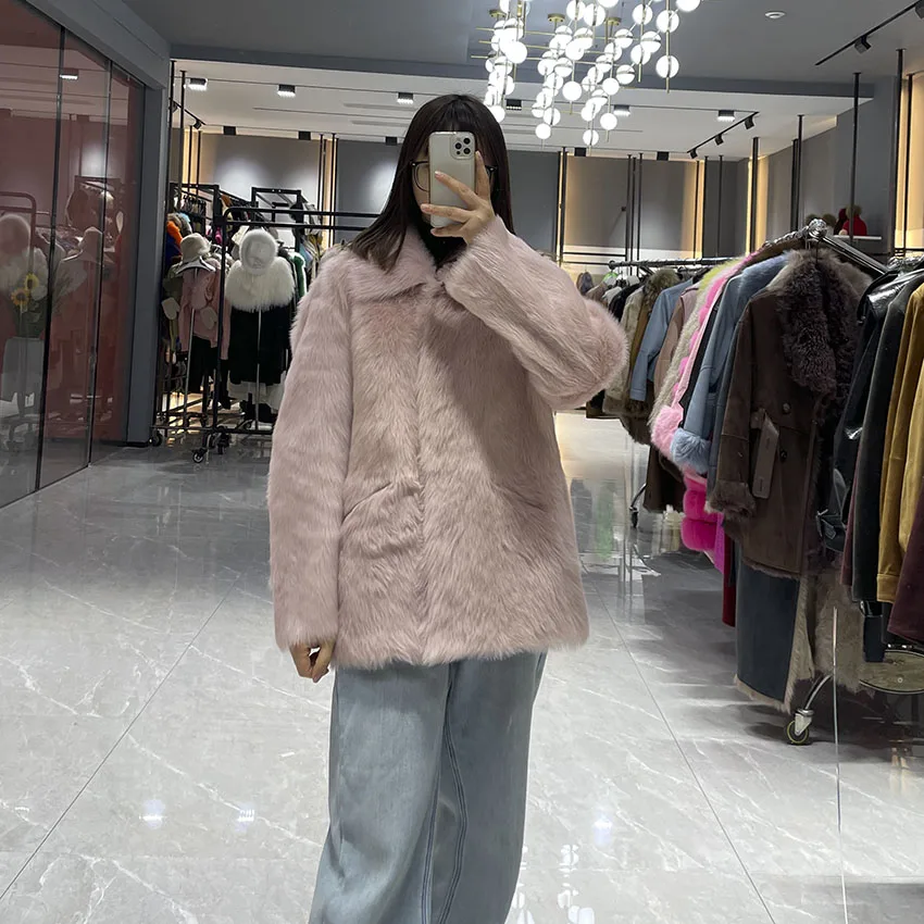 Janefur 여성 겨울 중간 길이 Shearling 코트 두꺼운 핑크 진짜 가죽 자켓 따뜻한 세련된 푹신한 JFB9-25018