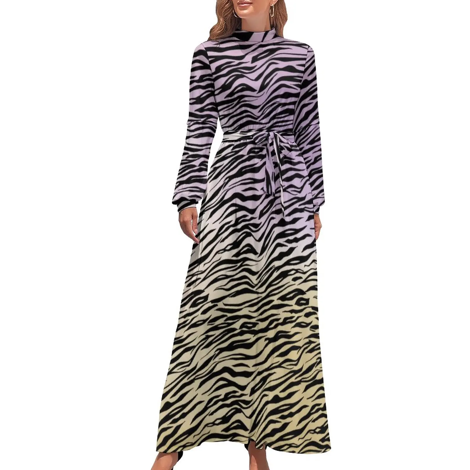 Zebra Print Dress High Neck Watercolor Ombre Printed Beach Dresses Long Sleeve Aesthetic Long Maxi Dress Trendy Clothing