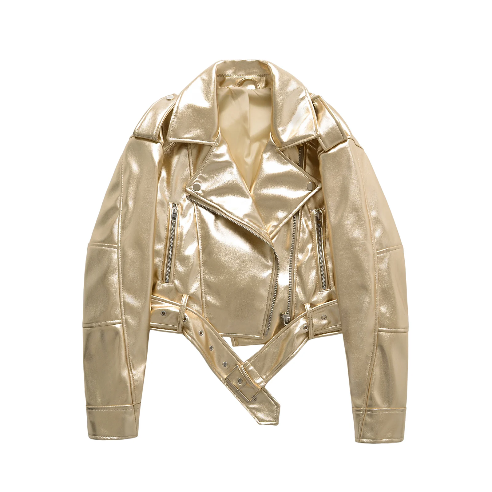 

Spring Autumn women's Fashion Casual Golden Short Faux Leather Jacket Streetwear Female Zipper Belt Loose Coat Outwear Tops