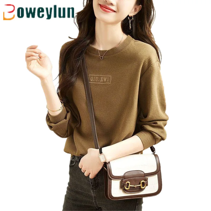 

Boweylun Autumn New Solid Round Neck Long Sleeve Sweatshirt Skin-friendly Comfortable Pullover Tops Women