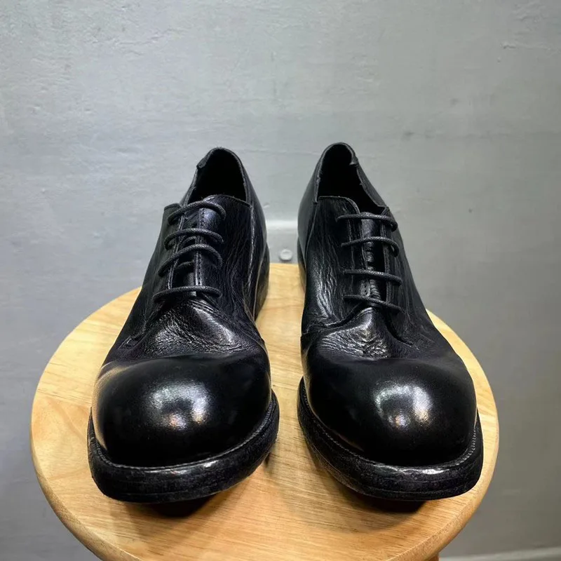 Real Leather Goodyear-Vintage Used Washing Water Men's Leather Shoes Thick Soled Manual Casual Low Top Derby Shoe Men Shoes