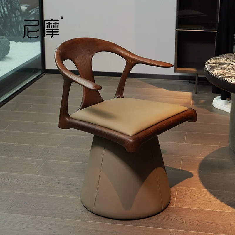 Leather rotating master chair, black walnut tea chair, medieval solid wood single chair, duck bill chair