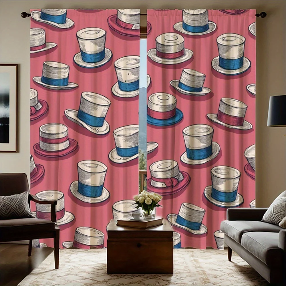 2pcs Whimsical Top Hat Pattern Curtains - Pink Background with Blue & White Hats, Rod Pocket Design, Semi-Transparent Polyester