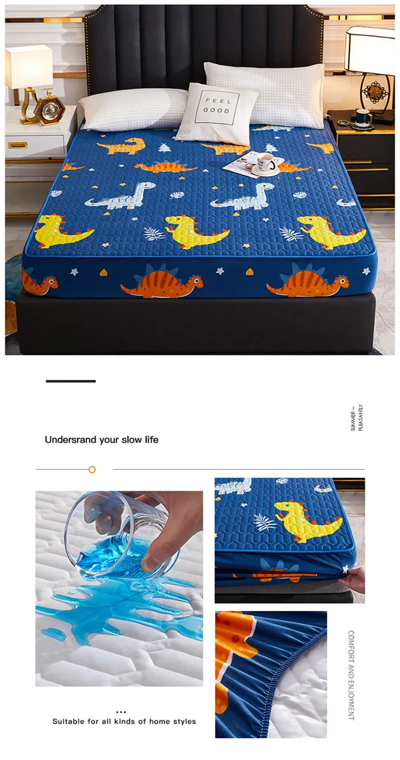 Cartoon Quilting Waterproof Fitted Sheet Cute Printed Padded Mattress Protector Skin-Friendly Non-Slip Mat with Elastic Band