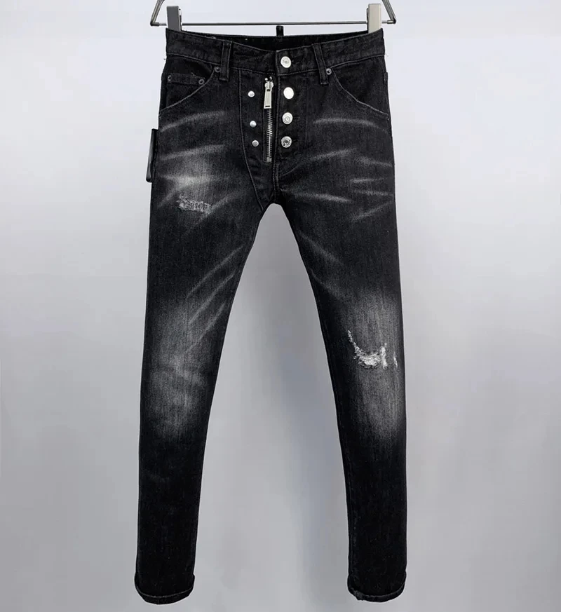 fashion BRAND D2 Men Jeans Denim Pants Hole Slim Pencil Trousers Metal Buttons Party Classics Fashionable Black DSQ2 JENAS