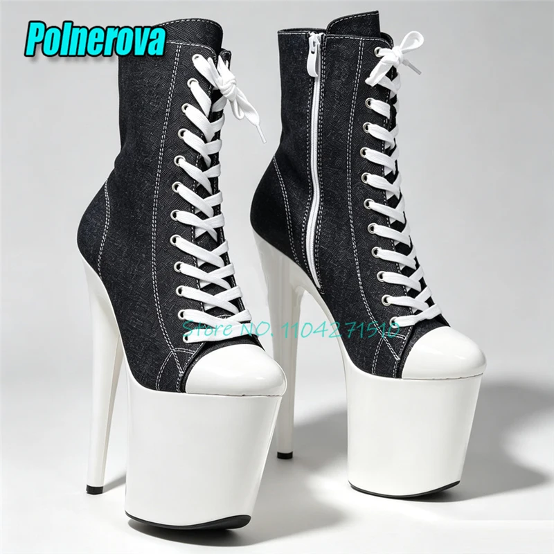 20CM Super High Heel Platform Short Boots Denim Patchwork Pointed Toe Lace-Up Zipper Boots Sexy Fashion Nightclub Stage Shoes