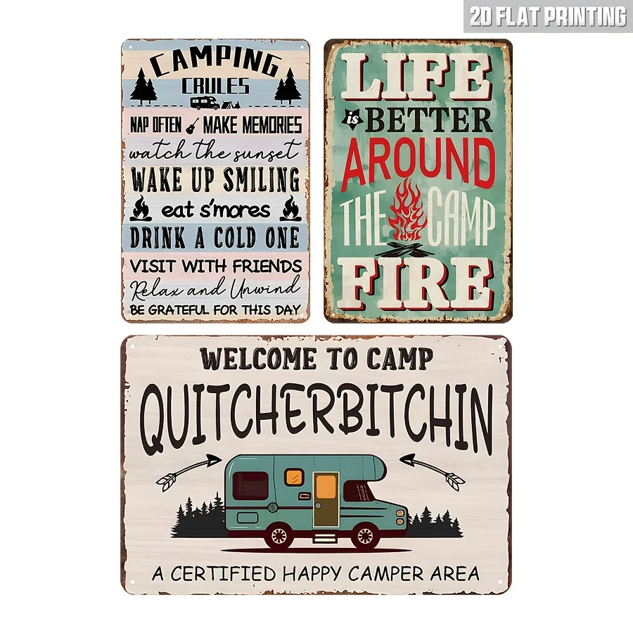 [JIT]Decorative Sign& Plaque 3pcs Vintage Camping Rules Metal Signs, Funny Outdoor Decor with Camping Quotes(Life Is Better Arou