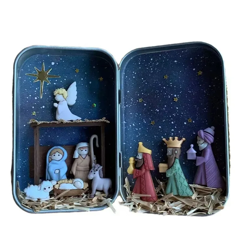 

Christmas Nativity Box Decoration Real Life Nativity Jesus Manger Christmas Crib Ornament for Living Room Art Decor