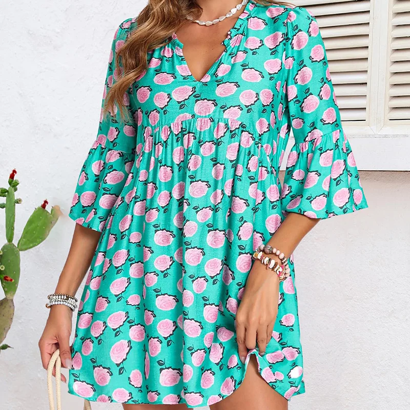 

Hot Selling Elegant Women’s Bohemian Printed Mini Dresses Summer Ruffle Sleeve Retro Floral Loose V Neck Holiday Beach Dresses