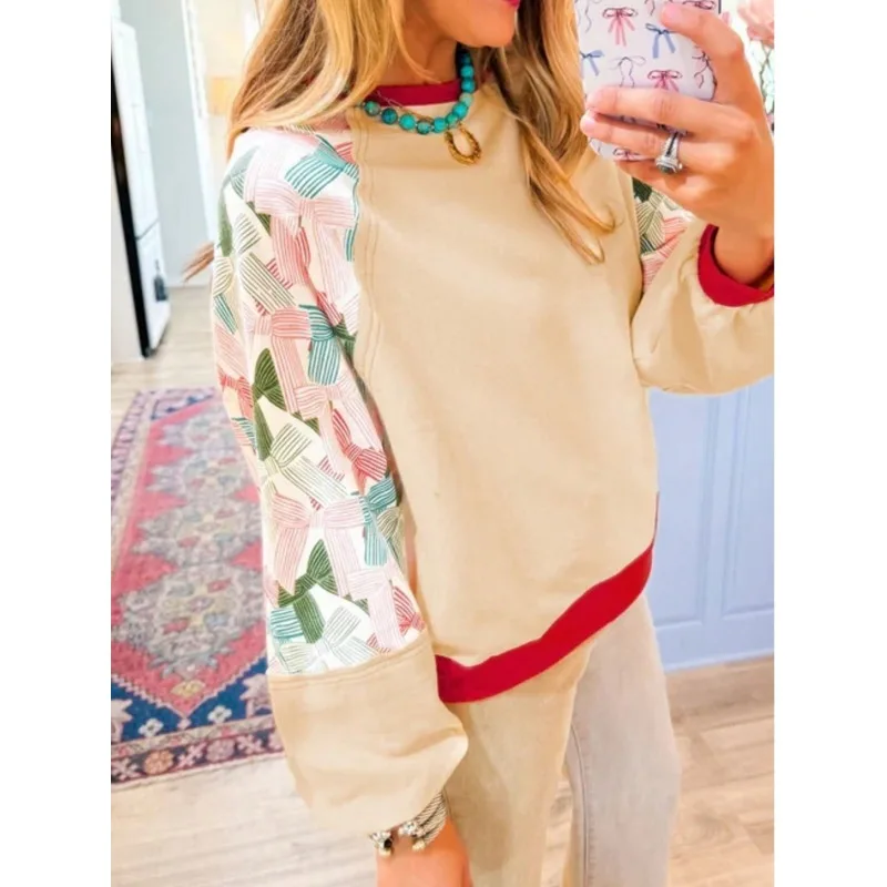 Plus Size 1XL-5XL Women's Fashionable Round Neck Printed Patchwork Casual Long Sleeved Sweatshirt