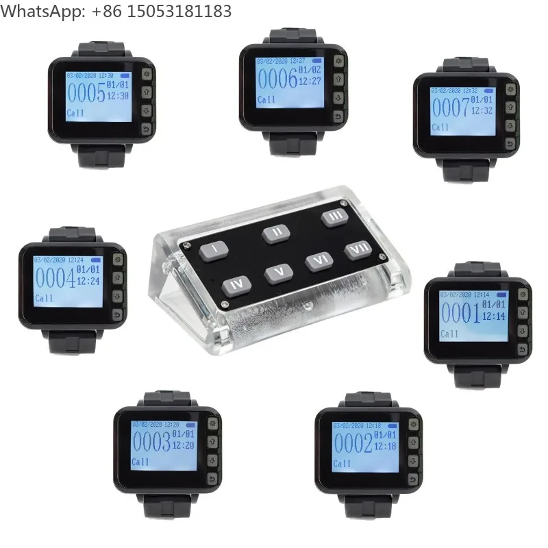 Restaurant Pager System for Servers Kitchen to Waiter Wireless Call System 1pc 7-key Transmitter 7 Watch Receiver for Hotel Bar