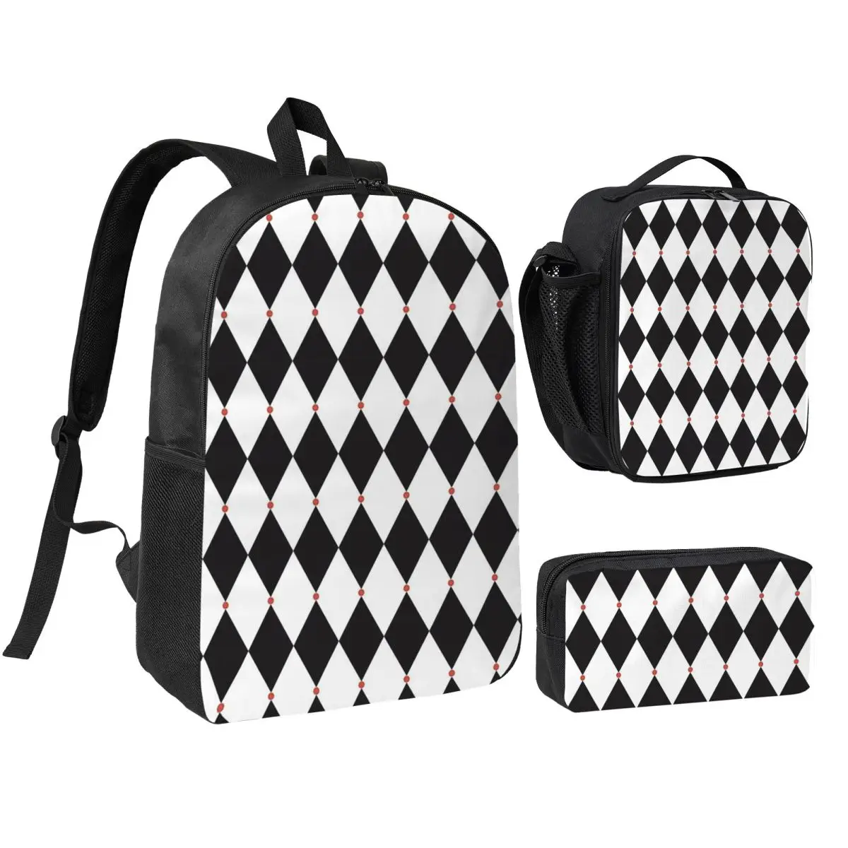 

Harlequin Plaid Playing Cards Backpack Boys Girls BookBag School Bag Shoulder Bags 3ps Insulated Lunch Bag Pencil Case