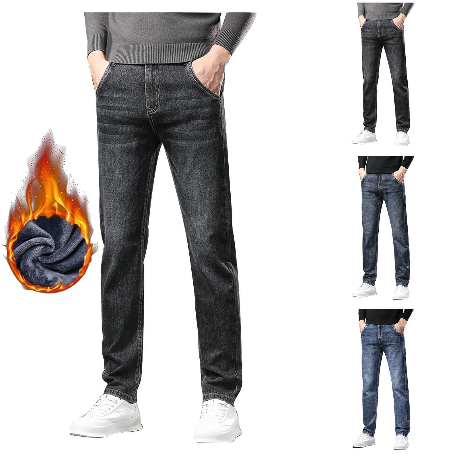 Men's Winter Casual Jeans Outdoor Velvet Denim Pants Men Jean Big And Tall