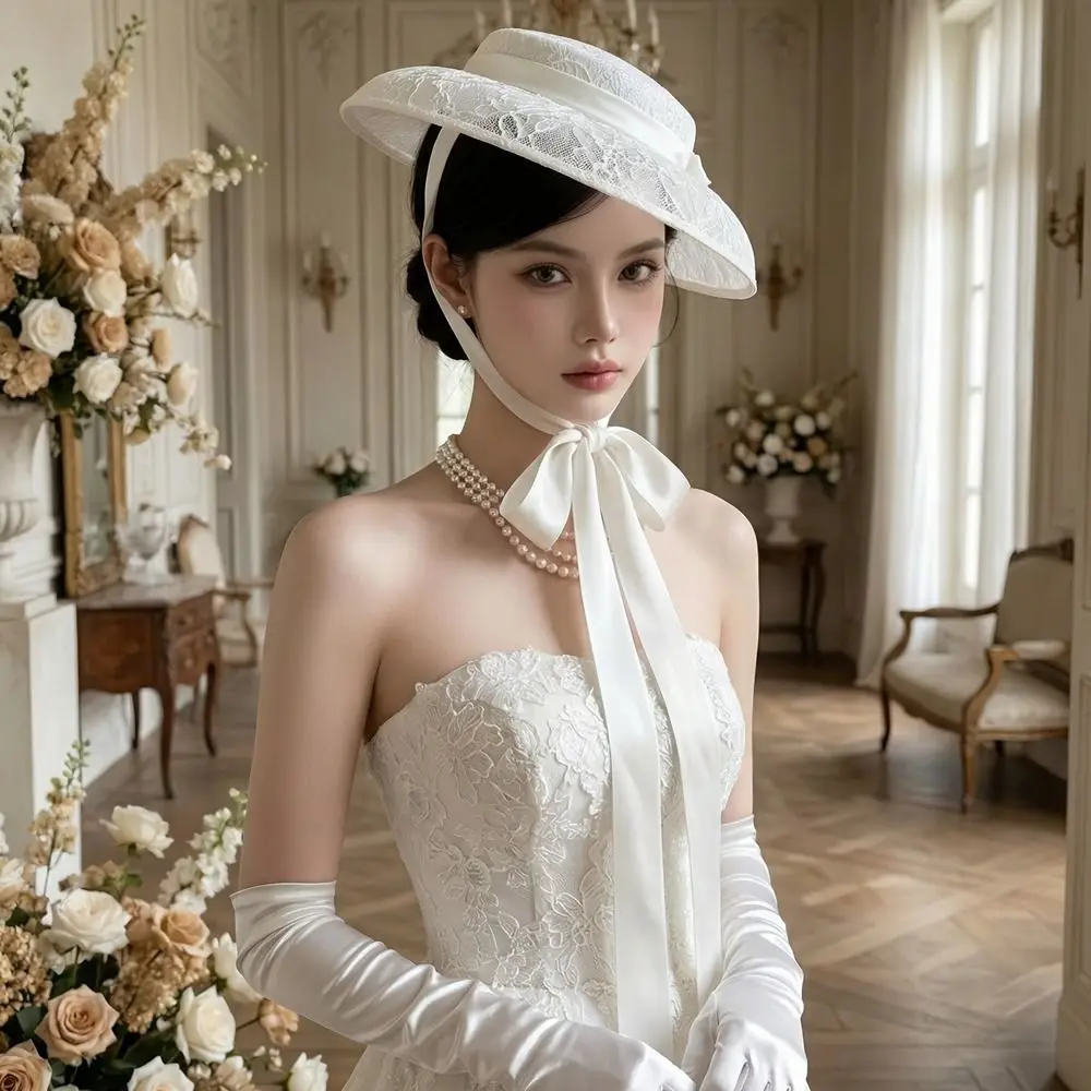Fashion White Lace Tied Topper Hat Thin French Style Lace Bonnet Hat Flat-top Elegant Hepburn Style Formal Hat Women