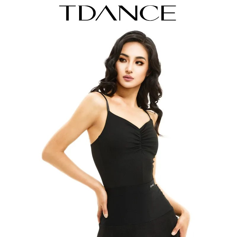Tuta da pratica moderna latina femminile personalizzata con canotta plissettata con cuscino sul petto per le lezioni quotidiane JM-128
