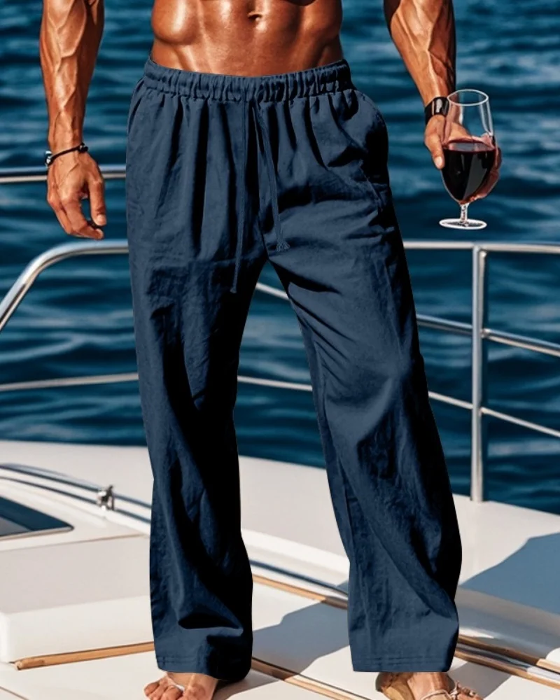 

2025 Men's Cotton and Hemp Pants Summer and Autumn Solid Color High Waist Wide Leg Pants Men's Wide Panasonic Swing Casual Breat