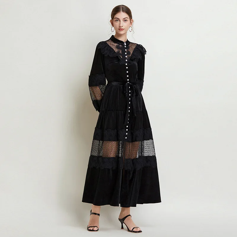 

2025 Spring/Autumn New Vintage Velvet Large Swing Dress Waist-Tight Temperament Lantern Long Sleeve Women's Dress C001