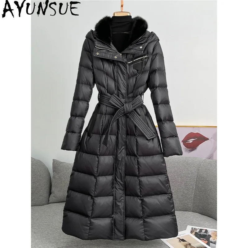 AYUNSUE 90% White Goose Down Coat Women Winter Parka Warm Mink Fur Collar Fashion Womens Coats Belt Long 111cm Abrigos Mujer
