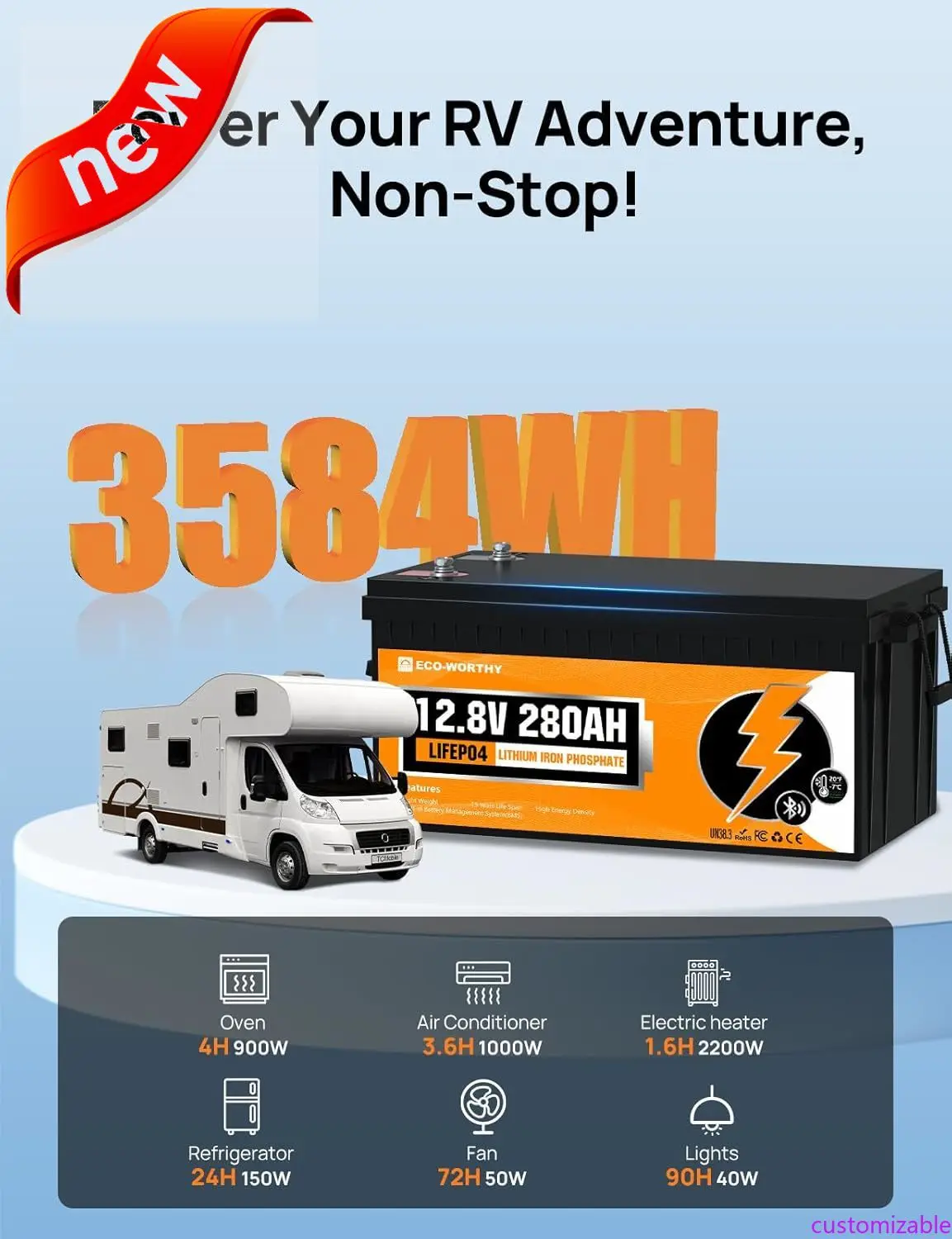 

Настраиваемая аккумуляторная батарея LiFePO4 RV 3584 Втч 12 В 280 Ач с Bluetooth для кемпера, прицепа, автономной сети, солнечной системы