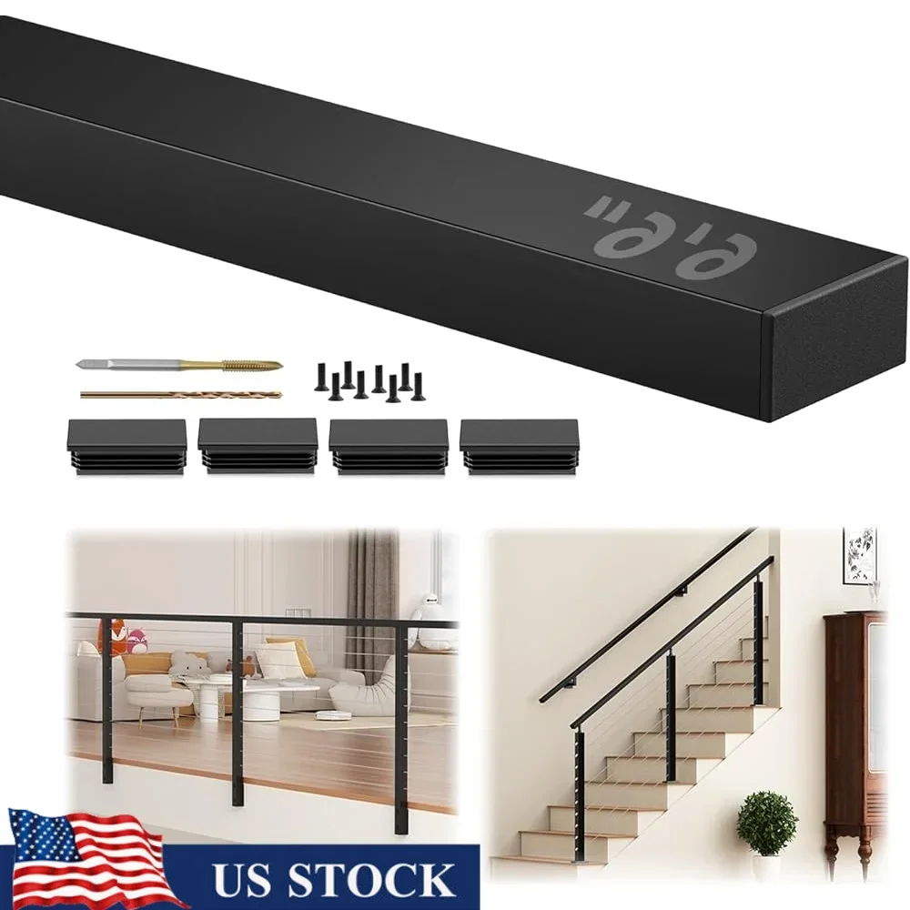 Stainless Steel T304 Cuttable Rectangular Handrail Indoor Outdoor Deck Stair Railing Matte Black Rust Resistant Easy Install