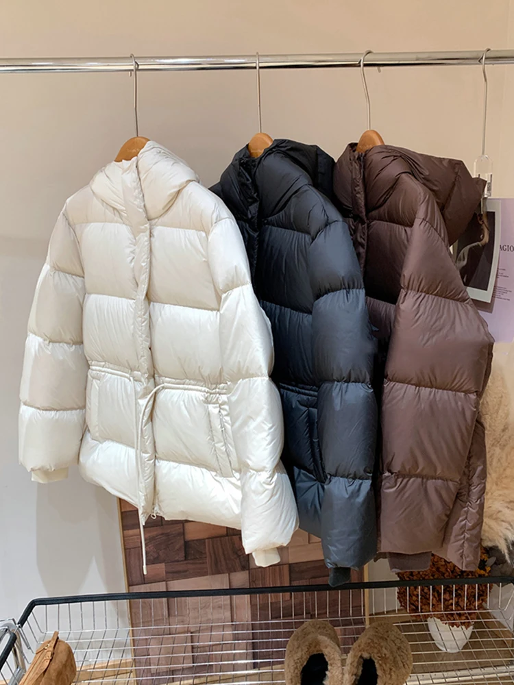 

Winter Hooded Drawstring Puff Down Jacket Female Zipper Solid Warm Quilted Jackets Women White Duck Down Thicken Parker Outwears