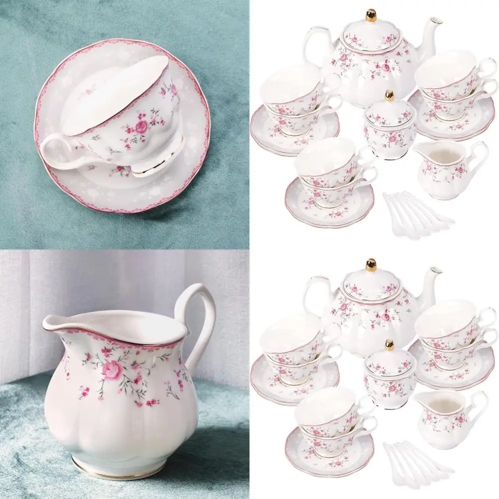 

Vintage Porcelain Tea Set for Women, 6 Cup and Saucer Set, Floral Wedding Teapot Set, Pink Rose Design