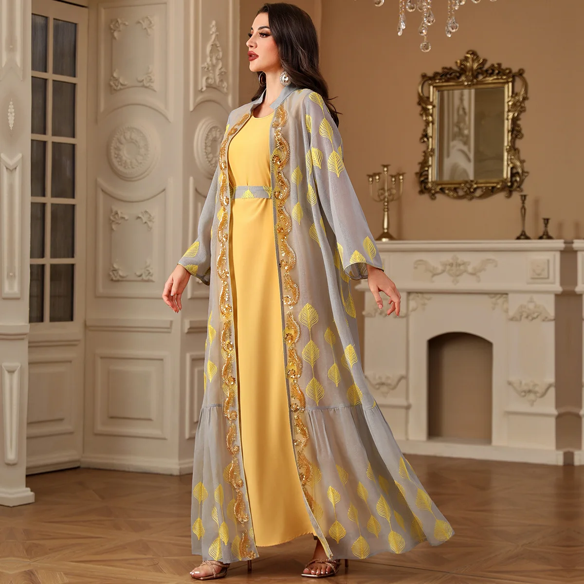 Eid มุสลิม Abayas สําหรับสตรี 2 ชิ้นชุดเย็บปักถักร้อยเสื้อสเวตเตอร์ถัก Robe Lace Up ชุดโมร็อกโก Kaftan อิสลาม Ramadan ดูไบชุด