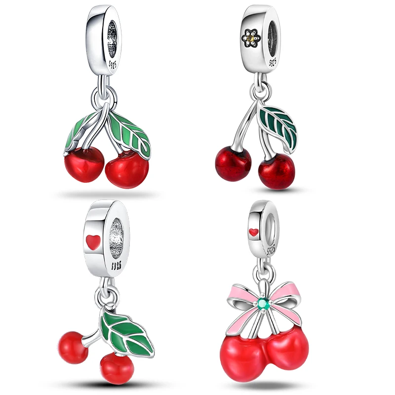 Hot Sale 925 Silver Red Fruit Cherry Charm Beads Fit Pandach Bracelets Pendant DIY Anniversary Birthday Fashion Gifts Jewelry