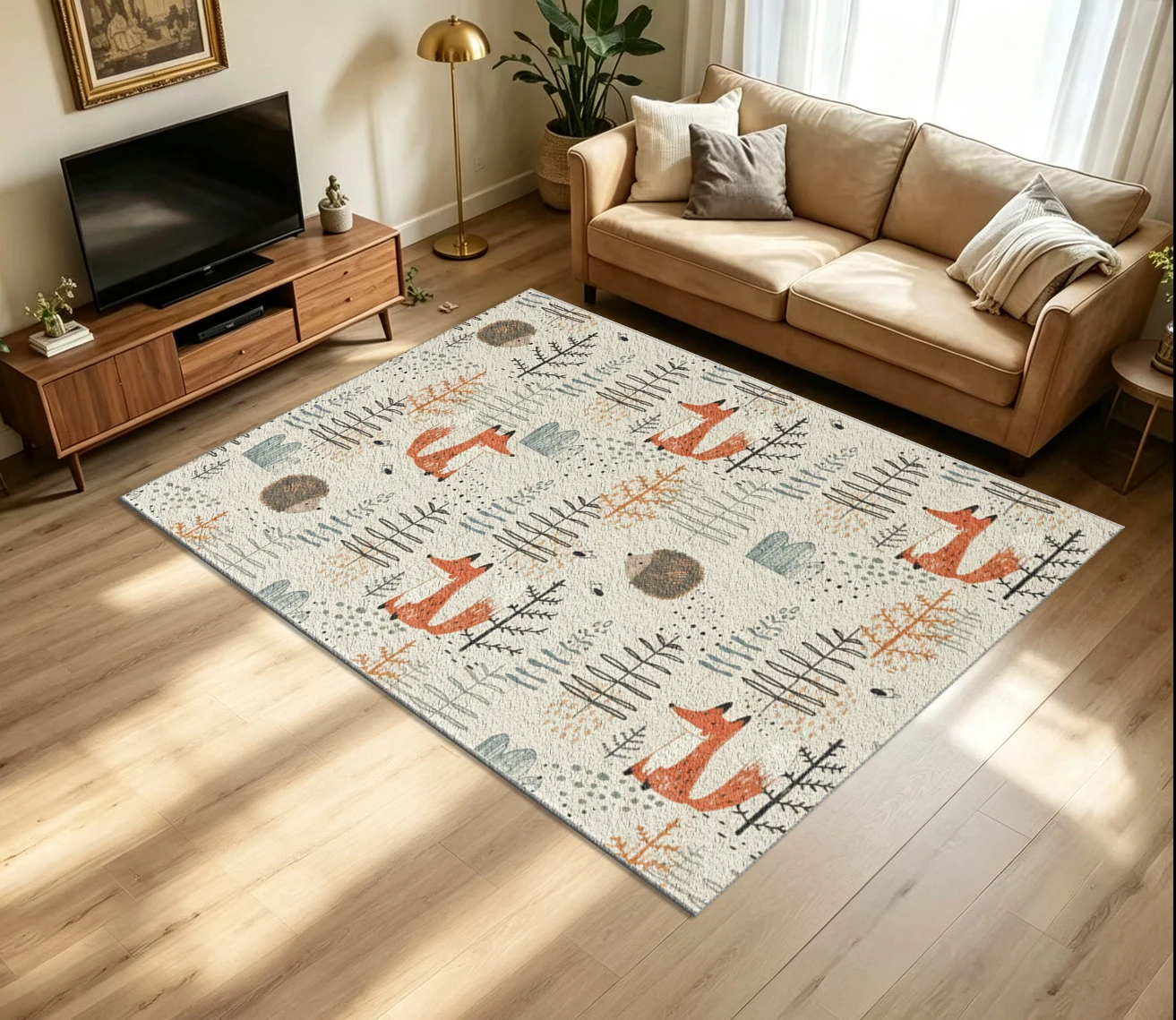 Forest Fox Hedgehog Forest Animal Rug Non-Slip Washable Floor Carpet Suitable for Children's Room Kids Bedroom Nature Theme Home Decor