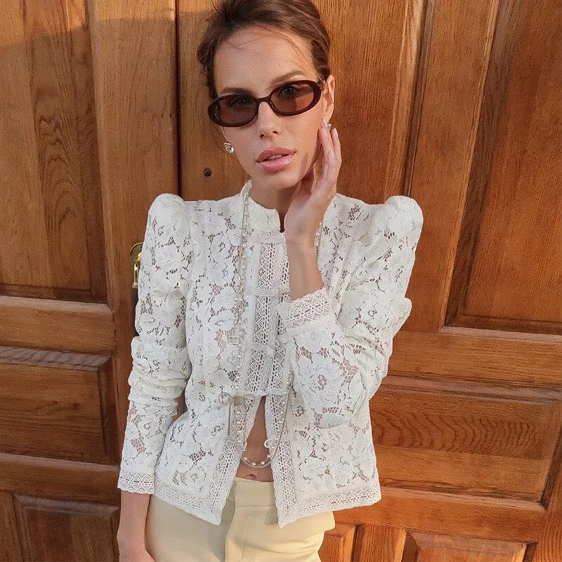 Women's Shirt 2025 New Fashion Long Sleeve Waist-Cinching Lace Crochet Stand Collar Shirt Shirt for Women Vintage Chic Women Top